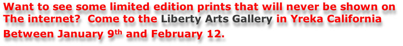 Want to see some limited edition prints that will never be shown on  The internet?  Come to the Liberty Arts Gallery in Yreka California  Between January 9th and February 12.